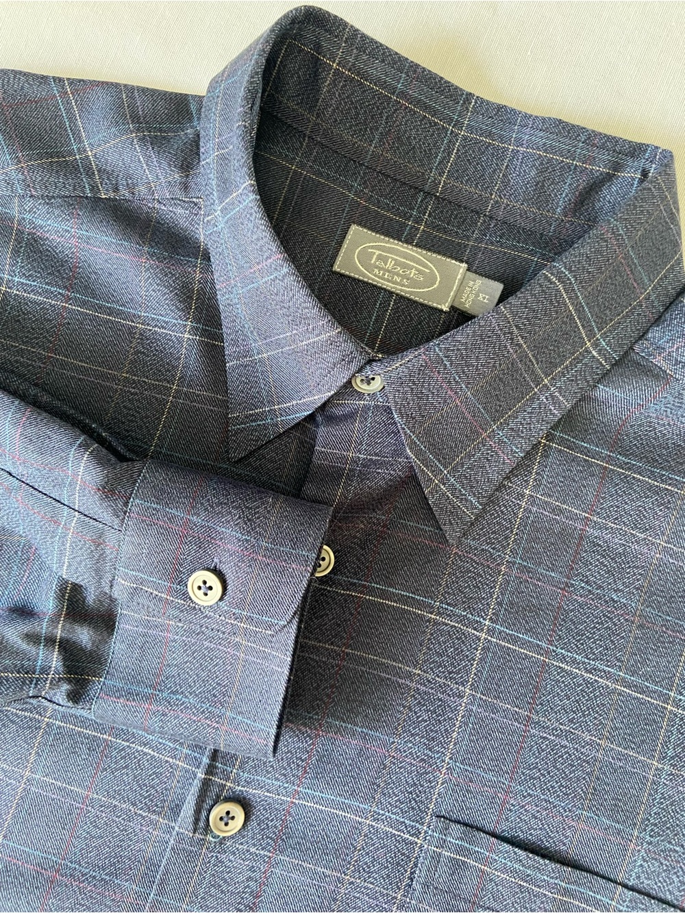 Talbots Men's Navy Plaid Dress Shirt with Subtle Red and Light Blue Windowpane